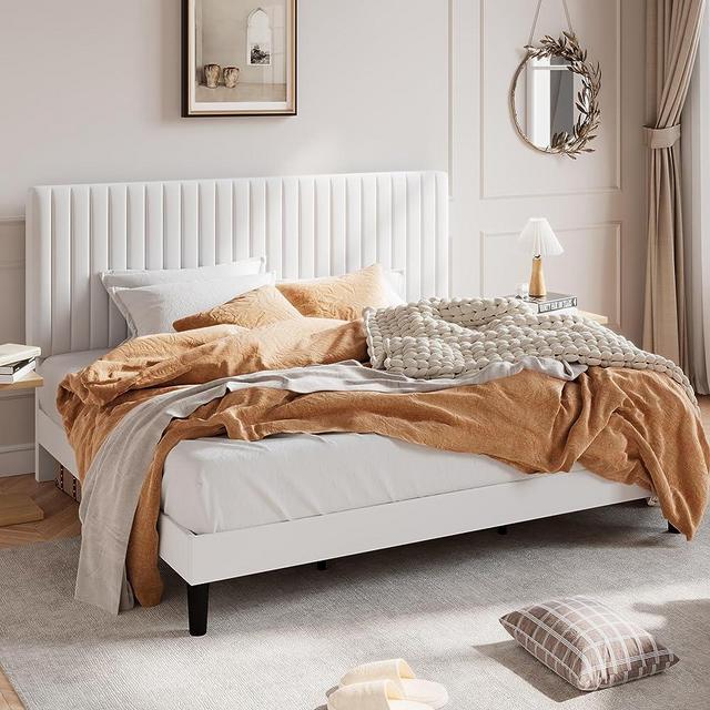 SHA CERLIN King Upholstered Platform Bed Frame with Vertical Channel Tufted Velvet Fabric Adjustable Headboard, Wooden Slats Support, Mattress Foundation, Box Spring Optional, Off-White