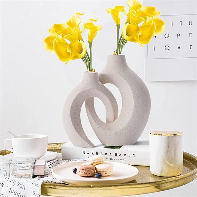 Cream Color Ceramic Vase for Modern Home Decor, Matte Snuggle Hollow Flower Vase for Pampas Grass,Boho Decor Donut Vase Set of 2 for Coffee Table Office Bookshelf Living Room Decor