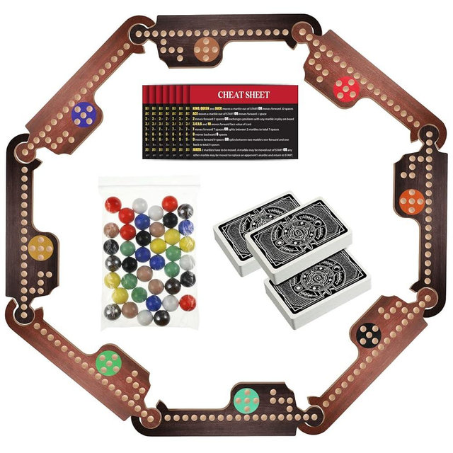 Kathfly Jokers and Marbles Board Game Pegs Card Game Set with 8 Wood Boards 40 Colorful Marbles Pegs 3 Boxes Playing Card 8 Game Instructions for Adults Family, 4-8 Players(Retro Colors)