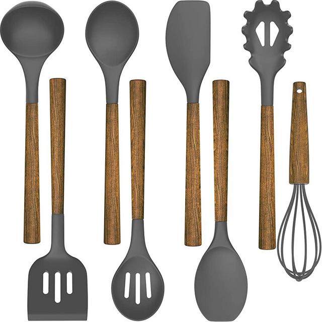 Umite Chef Silicone Cooking Utensil Set, 8-Piece Kitchen Utensils Set with Natural Acacia Wooden Handles,Food-Grade Silicone Heads-Silicone Kitchen Gadgets and Spatula Set for Nonstick Cookware - Grey