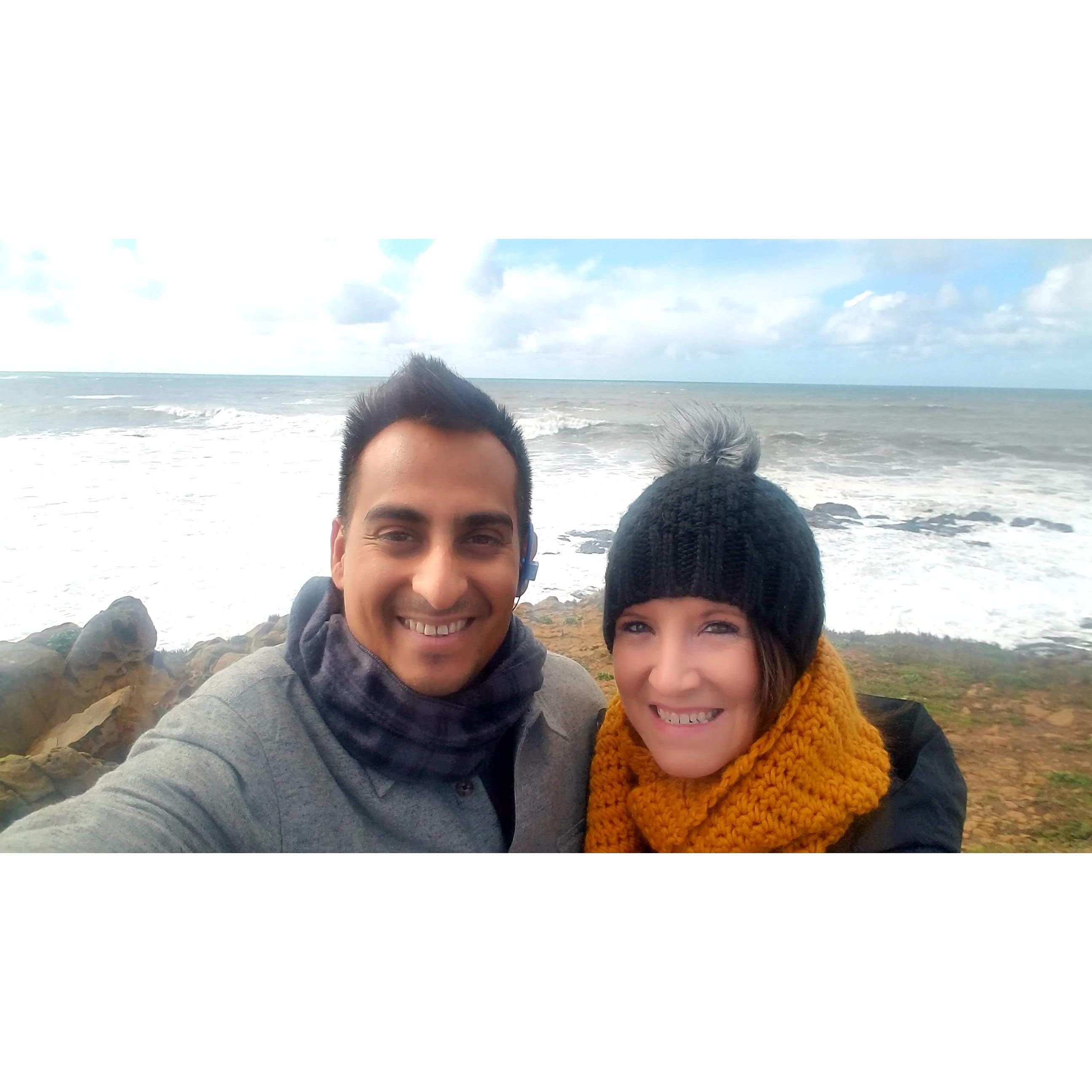 A cold Cambria morning on Moonstone Beach (and a scarf knit by Ariana!)