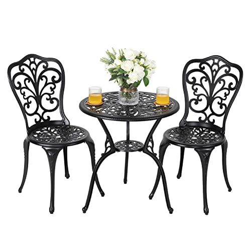 Nuu Garden 3 Piece Cast Aluminum Outdoor Bistro Set with Umbrella Hole - Patio Furniture Set of 3 (2 x Armless Chair+ 1 x Table), Dark Bronze