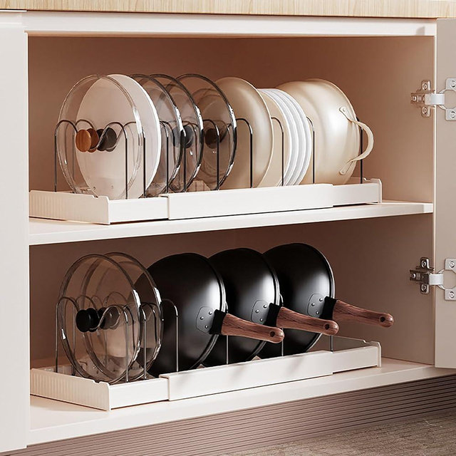 LICRUGU Pots and Pans Organizer Under Cabinet 10 Adjustable Dividers Expandable Pot Pan Lid Holder Organizers Rack inside Cabinet for Kitchen Storage Cookware, Cutting Boards, Lid, Dishes,White 2PCS