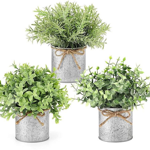 Mkono Mini Fake Plants in Farmhouse Galvanized Metal Pots Table Centerpiece Rustic Home Décor, 3 Pack Lightweight Potted Artificial Plants Faux Eucalyptus for Indoor Shelf Dining Room Office Decor