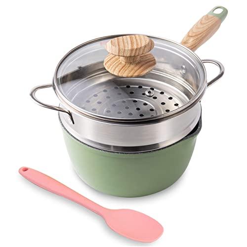 Saucepan with Steamer, ROCKURWOK Nonstick Sauce Pan Small Pot with Lid, Solid Wood Handle, 2.5 Quart, Green