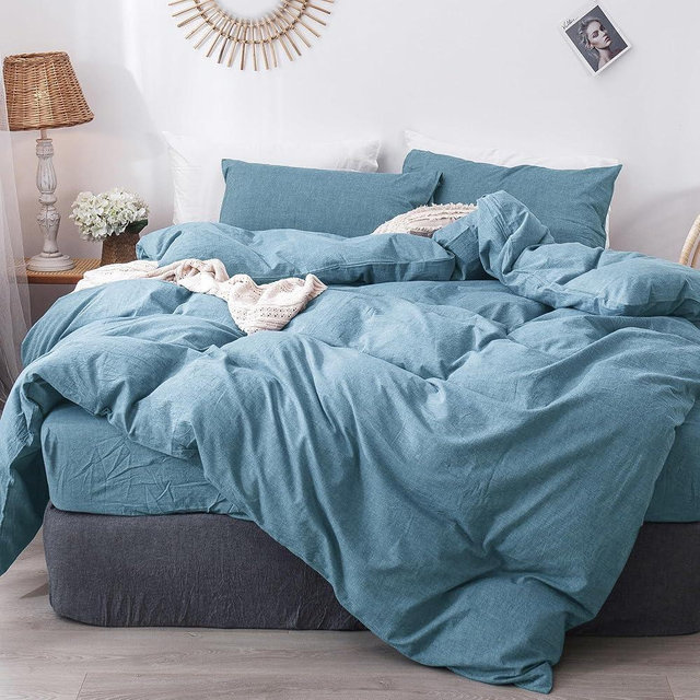 MooMee Bedding Duvet Cover Set 100% Washed Cotton Linen Like Textured Breathable Durable Soft Comfy (Heathered Peacock Blue, Queen 90"x90")