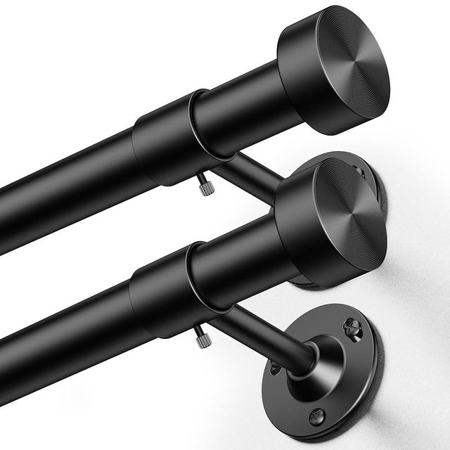 YaFex 2 Pack Heavy Duty Curtain Rods 32-60 Inch, 1 Inch Black Adjustable Curtain Rod for Windows, Short Window Treatment Rods Set with Aluminium Finials, Modern Design