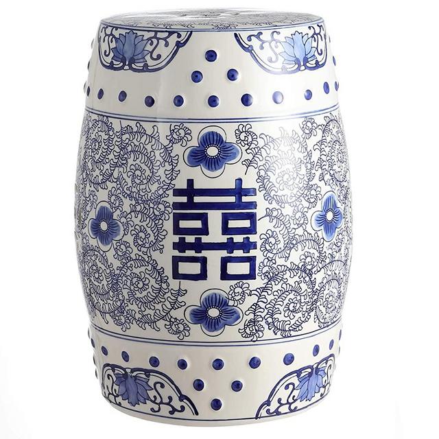Jonathan Y Double Happiness 18" Chinoiserie Ceramic Drum Garden Stool, Blue/White