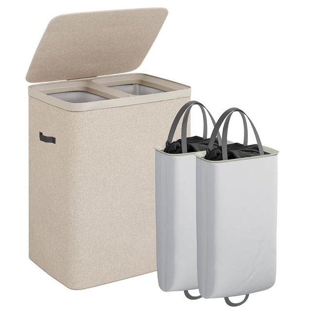 CASAMAYA Laundry Basket with Lid, Laundry Hamper 2 Section, 170L collapsible Laundry Organizer, Easy Assembly, with Handles and Removable Liners, 22 x 15.7 x 29.5 Inches, Beige JSP903M