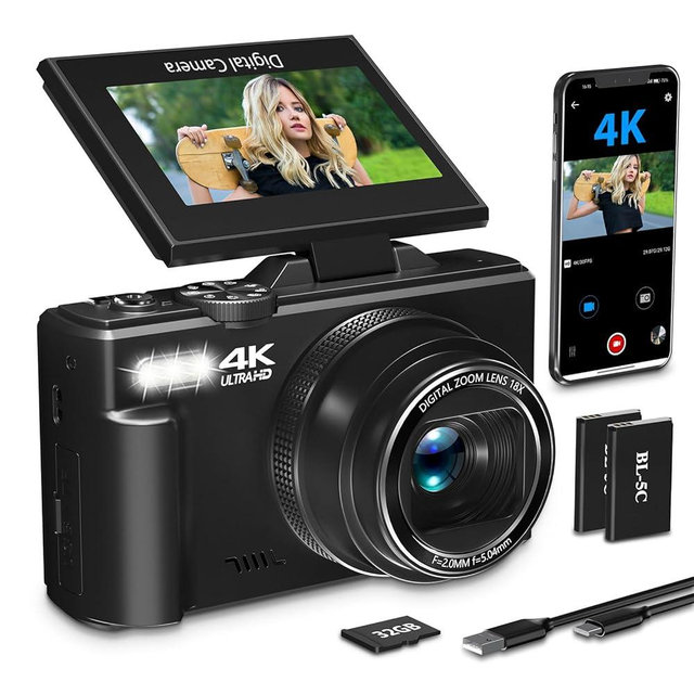 4K Digital Camera for Photography, 64MP Vlogging Camera for YouTube 3" 180°Flip Screen, 18X Digital Zoom Compact Camera，Digital Camera with Flash, WiFi,32GB TF Card & 2 Batteries（Black）