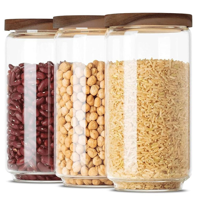 TANEMUDO 3 Pcs Glass Storage Containers 31.6 FL OZ Clear Pantry Canister Beans Food Storage Jars with Airtight Seal Acacia Wood Lids for Kitchen Pasta Spaghetti Coffee