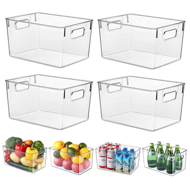 KJIXYUNG Fridge Organiser Set, Transparent Storage Box Organiser, Stackable, Organiser Boxes for Fridge, Cupboard, Pantry, Snacks, Cans, Kitchen - BPA-Free, 29 x 20 x 15.5 cm