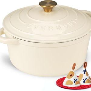 Overmont Enameled Cast Iron Dutch Oven - 7QT Pot with Lid Cookbook & Cotton Potholders - Heavy-Duty Cookware for Braising, Stews, Roasting, Sourdough Baking Cream White
