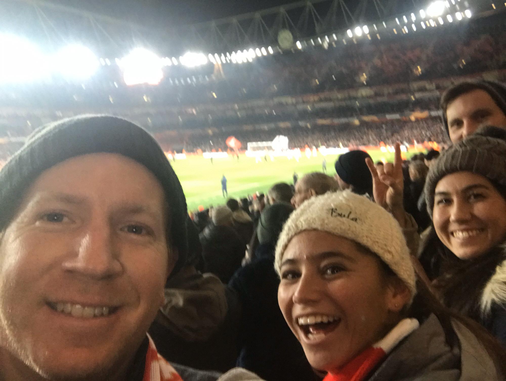 Arsenal game for Scott’s 30th birthday with friends Lauren and Toki, London, December 2018