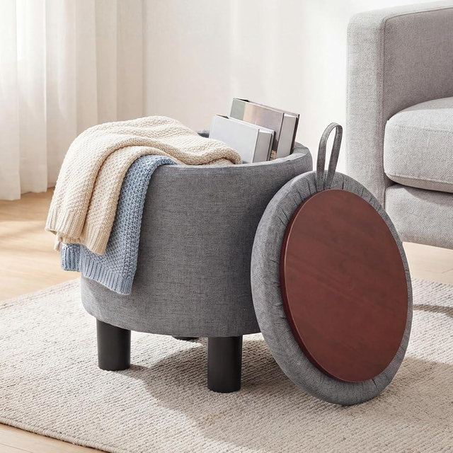 Giantex Round Storage Ottoman, Linen Fabric Upholstered Ottoman Foot Rest with Removable Lid, Small Ottoman Foot Stool for Bedroom Living Room (Gray)