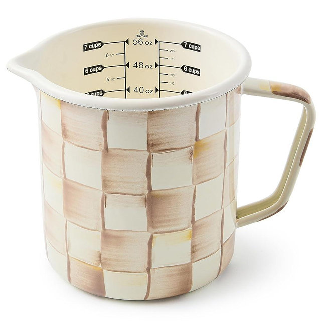 MACKENZIE-CHILDS Enamel Measuring Cup, Cute Measuring Cup with Pour Spout, 7-Cup Capacity, Brown-and-White Mocha Check