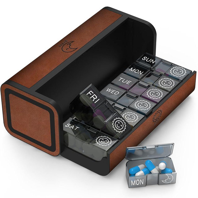 TALVOLC M Pill Organizer 2 Times a Day, Am Pm Twice Daily Pill Case, Detachable Large Travel Pill Box 7 Day, Weekly Pill Container for Vitamin Medicine Supplement Fish Oil (Brown)