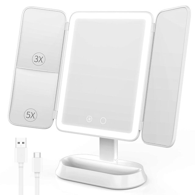 FRANO Vanity Mirror with Lights, Rechargeable Lighted Makeup Mirror with 1X/3X/5X Magnification, Smart Touch 3 Colors Dimmable, Portable Trifold Light Up Mirror for Travel, Gifts for Women Girls