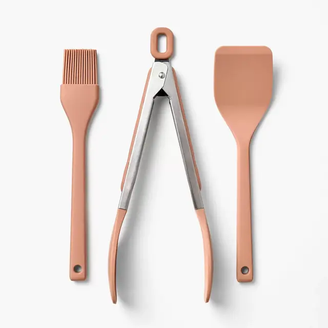 3pc Silicone Mini Turner Basting Brush and Tongs Set Terracotta Orange - Figmint™
