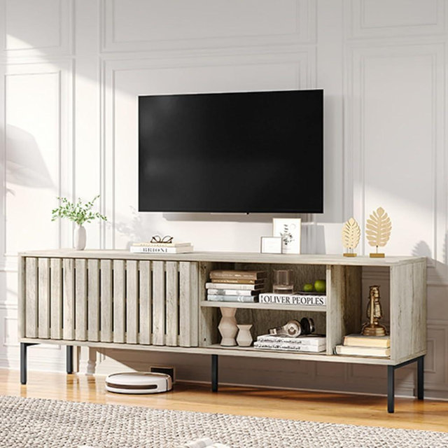 DWVO Mid Century Modern TV Stand for 65/70 inch TV, Entertainment Center, Media Console TV Cabinet with Hollow Sliding Door, Adjustable Storage Shelves for Living Room