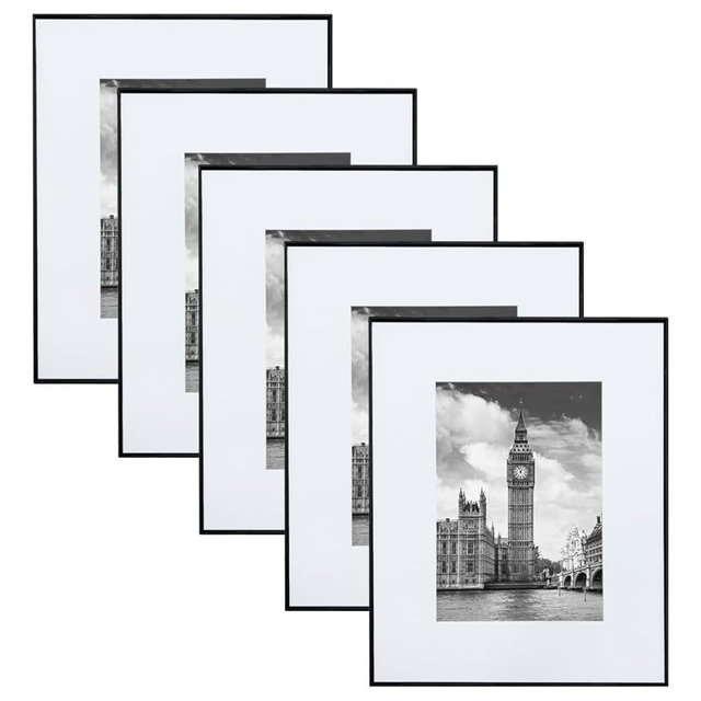 GOmaize Front Loading Black Picture Frame Set of 5,Display pictures 5x7 with mat or 8x10 without mat,Wall and Table Mounting