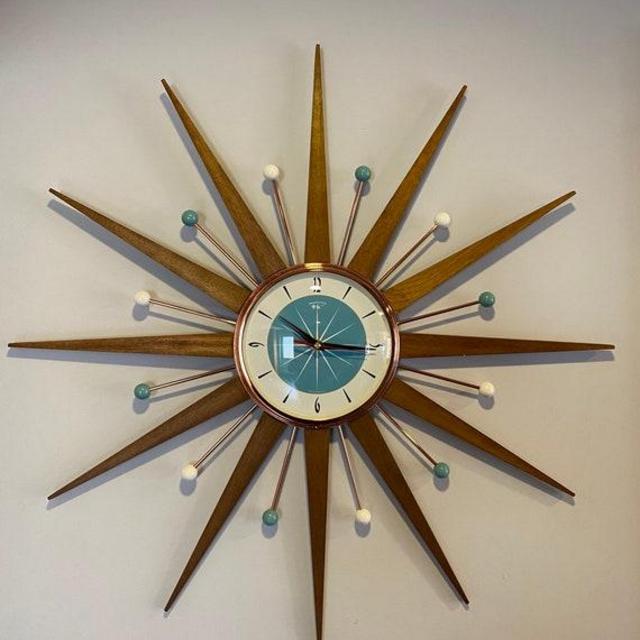 27 inch Hand Made Mid Century style Starburst Clock by Royale - Welby style Medium Teak Rays & with Light Blue Dial
