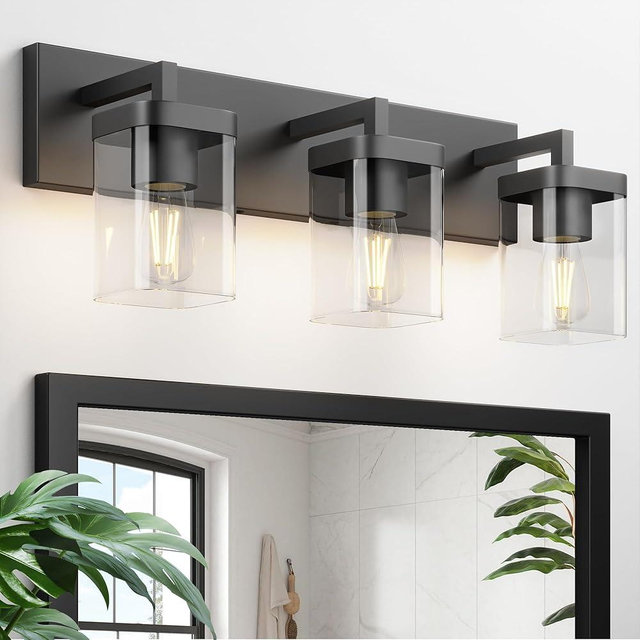 Danshinro Bathroom Lighting Fixtures Over Mirror, Square Design & Rectangle Large Backplate, 3 Lights Morden Vanity Lighting Fixtures, Bathroom Light Fixtures for Bathroom/Living Room/Bedroom, Black