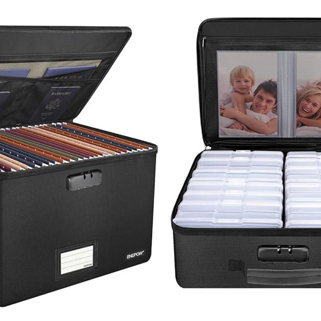 ENGPOW Fireproof File Box with Lock+Fireproof Photo Storage Box with 16 Inner 4" x 6" Photo Case(Clear)