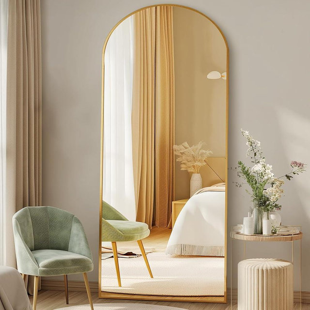 DUMOS Arched Full Length Mirror with Stand Floor Free Standing Aluminum Frame for Bedroom Body Hanging Leaning Modern Simple Home Decor Shatter-proorf Nano Glass Wall Gold 65"x24"