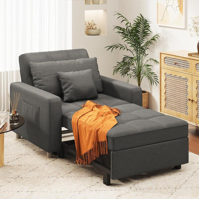 JFHID 36" Sleeper Chair, Convertible Chair Bed for Adults, 3-in-1 Pull Out Sofa Chair with Side Pocket, Pillow and Adjustable Backrest for Small Space, RV, Apartment, Living Room, Modern Grey