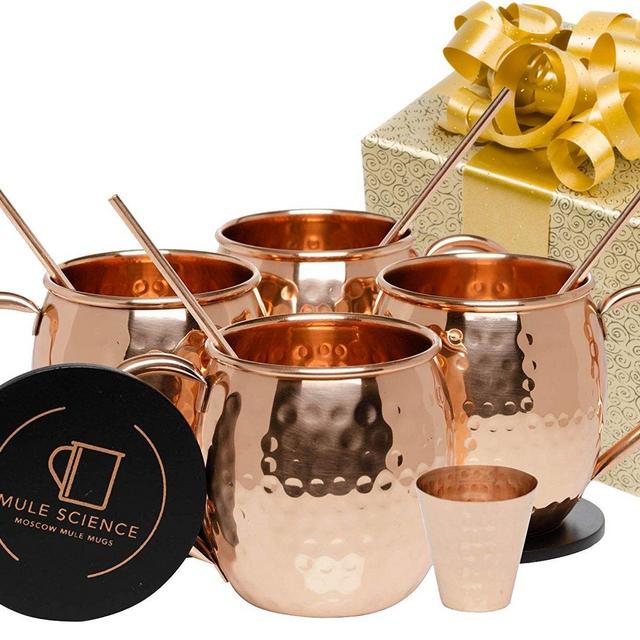 Mule Science Moscow Mule Copper Mugs - Set of 4-100% HANDCRAFTED - Pure Solid Copper Mugs 16 oz Gift Set with BONUS: Highest Quality Cocktail Copper Straws, Coasters and Shot Glass!