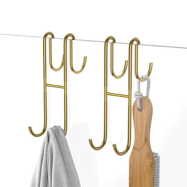 SSTOOHL Over Shower Glass Door Hook, 2 Pack Gold Stainless Steel Extended Shower Door Hooks, Bathroom Frameless Drilling-Free Hanger, Double Side Towel Hooks