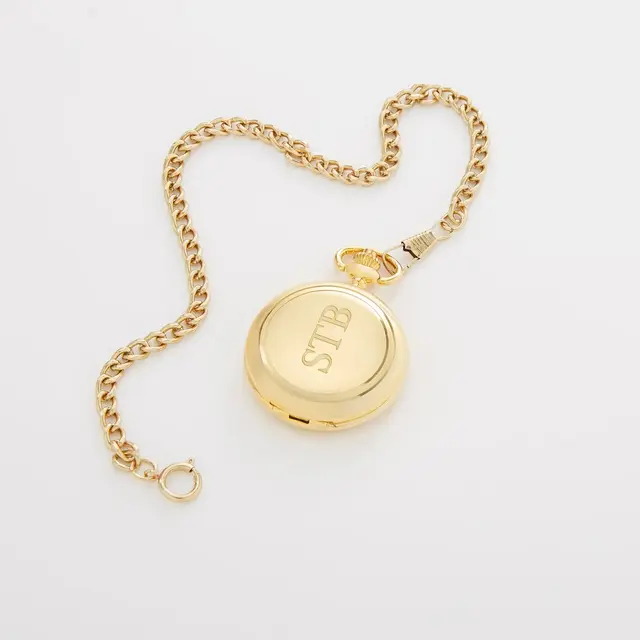 Engraved Monogram Gold Skeleton Pocket Watch and Box