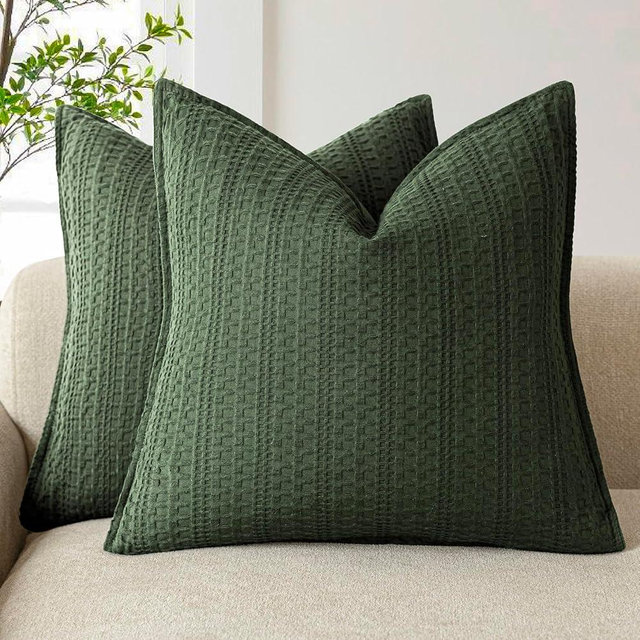 Foindtower Set of 2 Decorative Cotton Waffle Weave Throw Pillow Covers Euro Shams Cushion Covers Accent European Pillowcase for Bed Couch Sofa Bedroom Living Room Home Decor 20×20 Inch Dark Green