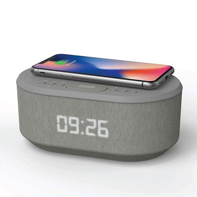 Bedside Radio Alarm Clock with USB Charger, Bluetooth Speaker, QI Wireless Charging, Dual Alarm Dimmable LED Display (Grey)