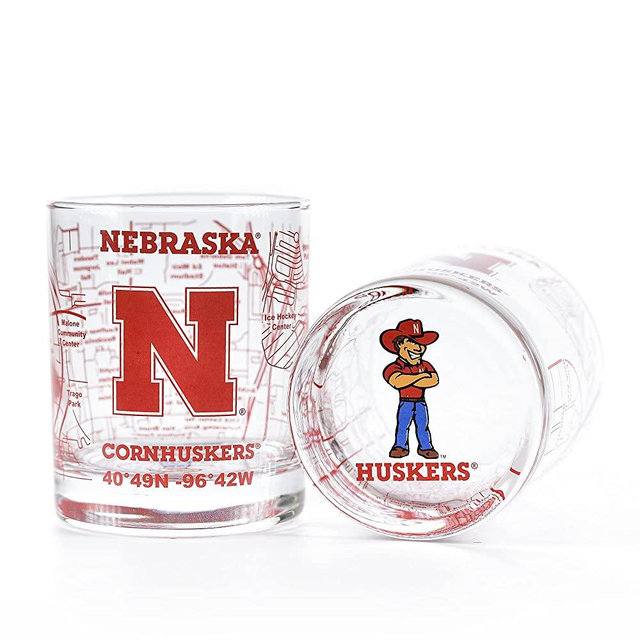 University Of Nebraska Whiskey Glass Set (2 Low Ball Glasses) - Contains Full Color Nebraska Huskers Logo & Campus Map - Huskers Gift Idea for College Grads & Alumni - College Cocktail Glassware