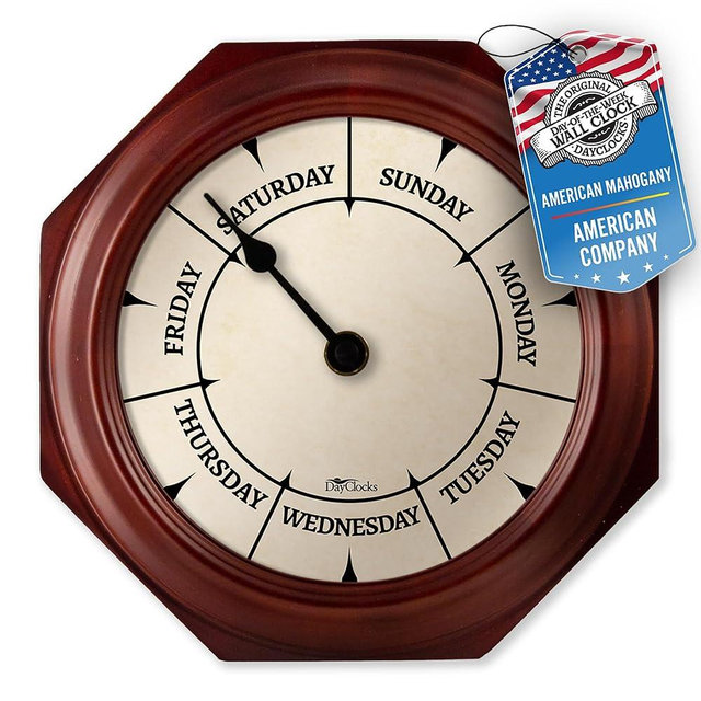 DayClocks Classic Day of The Week Wall Clock with Solid Wood Frame – Calendar Day Clock – Ideal Retirement Gift for Men & Women – Mahogany, 10"