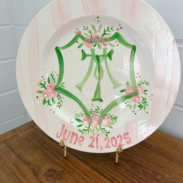 Hand-Painted Wedding Crest Plate: Pink Gingham Monogram, Green Vine