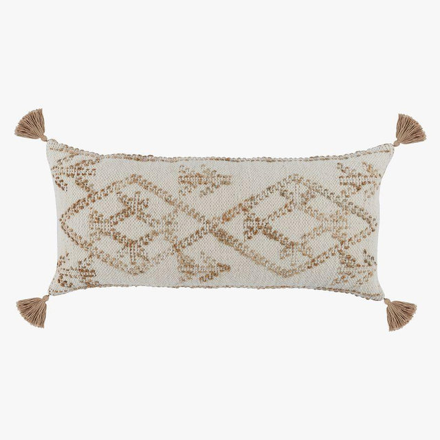 Caterine Handwoven Lumbar Pillow, 16" x 36", Ivory/Natural