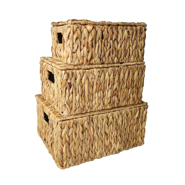 Wicker Storage Baskets With Lid,Set of 3 Rectangular Rattan Basket Decorative Boxes with Handles,Large Storage Box Hyacinth Wicker Baskets For Shelf Organizer, Nursery Room,Bathroom,Living Room