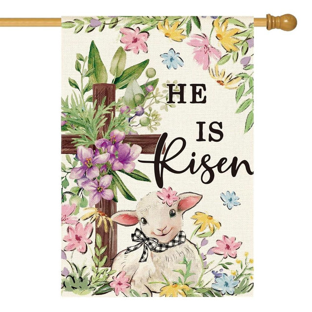 AVOIN colorlife He Is Risen Easter House Flag 28x40 Inch Double Sided Outside, Lamb Flowers Cross Yard Outdoor Decoration