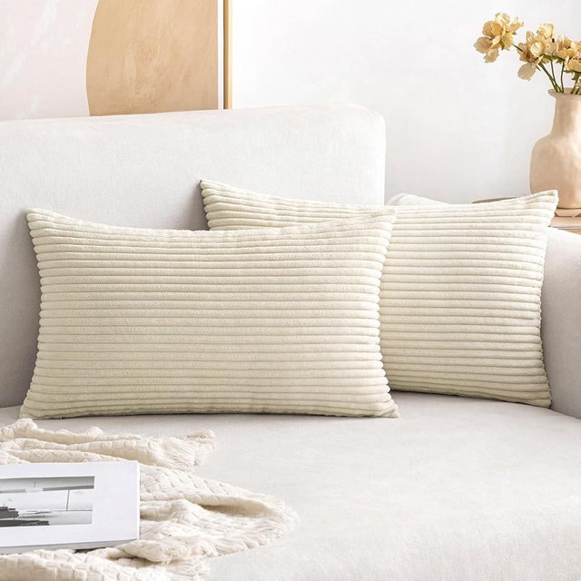 MIULEE Spring Pack of 2 Corduroy Pillow Covers Soft Soild Cushion Cases Decorative Square Throw Pillow Covers Cream White Pillowcases for Sofa Bedroom Car 12 x 20 Inch 30 x 50 Cm