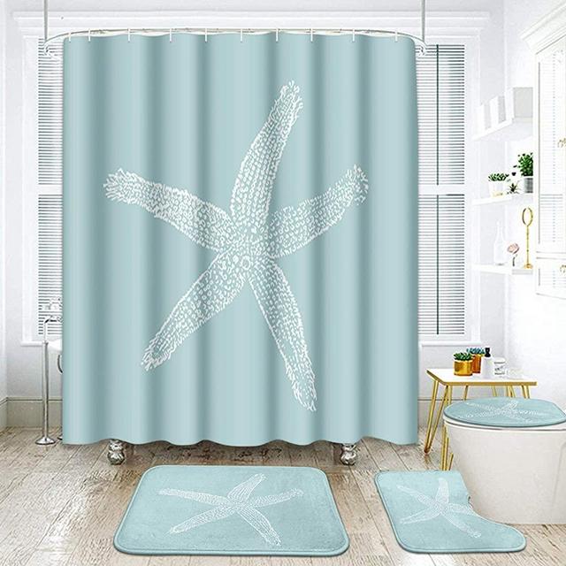 ArtSocket 4 Pcs Shower Curtain Set sea Star White Lapis Lazuli Animal Aquatic Beach Beauty Fish Life Marine Nature Ocean with Non-Slip Rugs Toilet Lid Cover and Bath Mat Bathroom Decor Set 72" x 72"