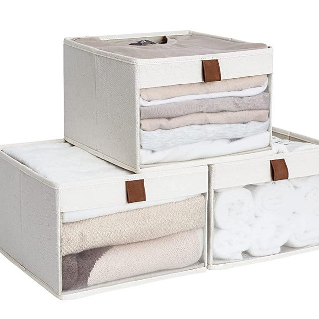 StorageWorks Closet Storage Bins with Clear Window and 2 Handles, Foldable Clothing Bins for Shelves, Large Fabric Organizer, Beige, 3 Pack