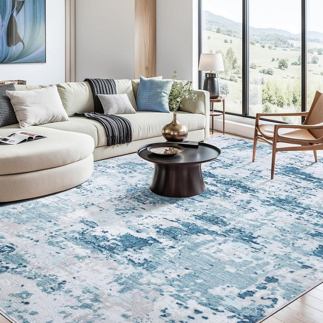 Syalife 8x10 Area Rugs for Living Room, Modern Abstract Machine Washable Rugs with Non Slip Backing, Distressed Non-Shedding Throw Rugs for Bedroom, Dining Room, Office, Blue