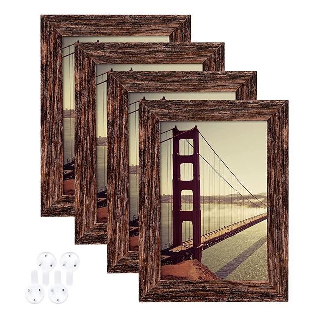 BAIJIALI 4x6 Picture Frame Rustic Brown Wood Pattern Set of 4 with Tempered Glass,Display Pictures 3.5x5 with Mat or 4x6 Without Mat, Horizontal and Vertical Formats for Wall and Table Mounting