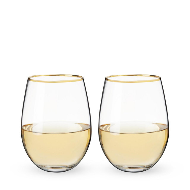Twine Gilded Wine Glasses, Gold Rimmed Clear Wine Glass Set, Stemless Wine Glasses, Set of 2, 18 Ounces