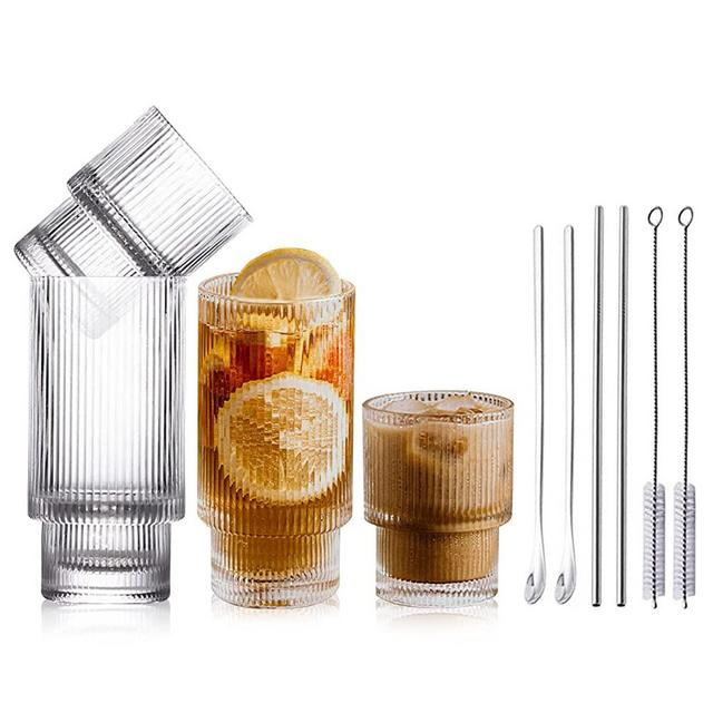 Drinking Glasses with Origami Style Set of 4pcs Glass Cups,Ripple Vintage Glassware Transparent Cocktail Glasses Set, Iced Coffee Glasses, for Mixed Drinks,with Straw, Straw Brush, Mixing Spoon