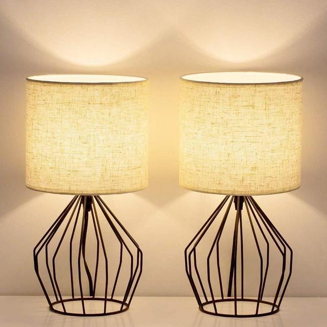 HAITRAL Modern Farmhouse Lamps - Black Metal Table Lamps with Hollowed Out Base, Bedside Lamps Set of 2 with Linen Fabric Lampshade for Bedrooms, Living Room