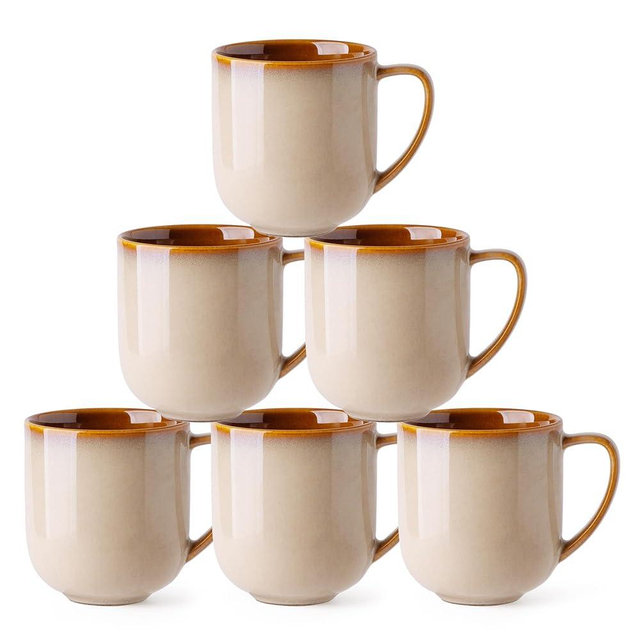 LERATIO 12OZ Ceramic Coffee Mugs Set of 6, Large Porcelain Coffee Cups With Large Handle For Latte,Cappuccino,Milk,Cocoa,|Dishwasher&Microwave Safe Mug Sets,Ideal for Man,Woman,Dad, Mom-Kahki